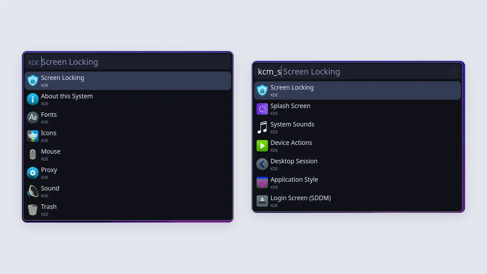 Albert launcher: typing KDE lists System Settings pages; searching kcm_s finds modules by their internal name.