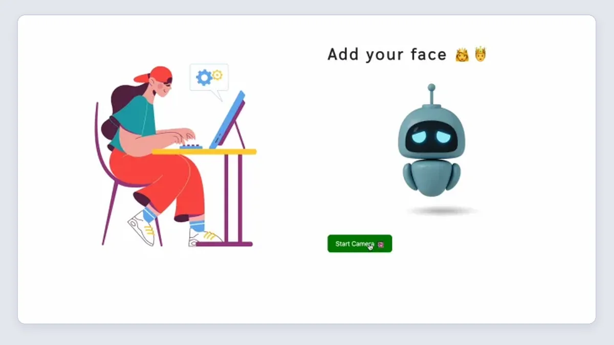Add your face screen with a Start Camera button.