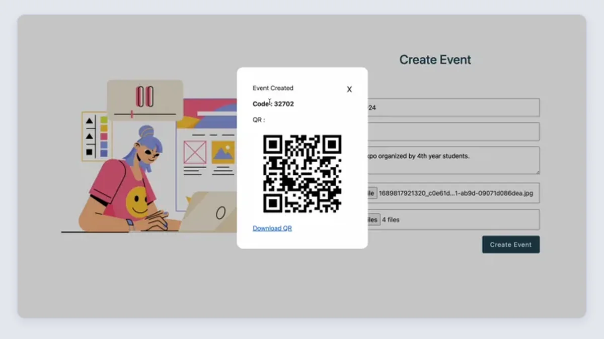 Create Event form with a dialog showing the new event's code and a QR code for guests.