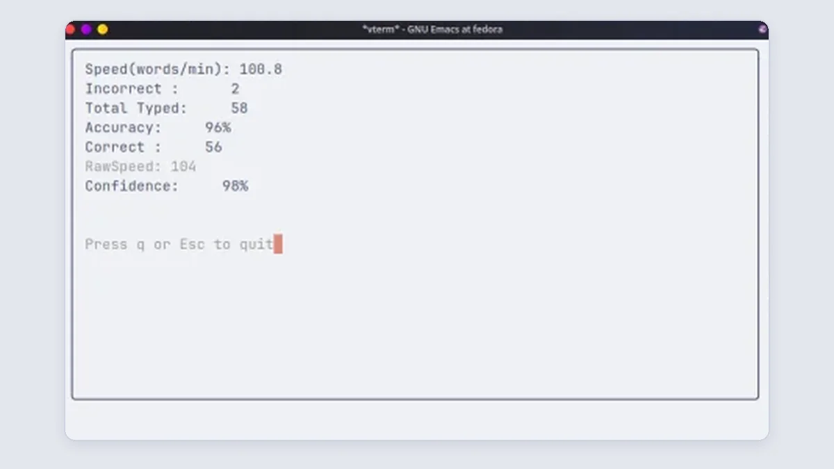 Results: 100.8 words per minute, 96% accuracy, 98% confidence.