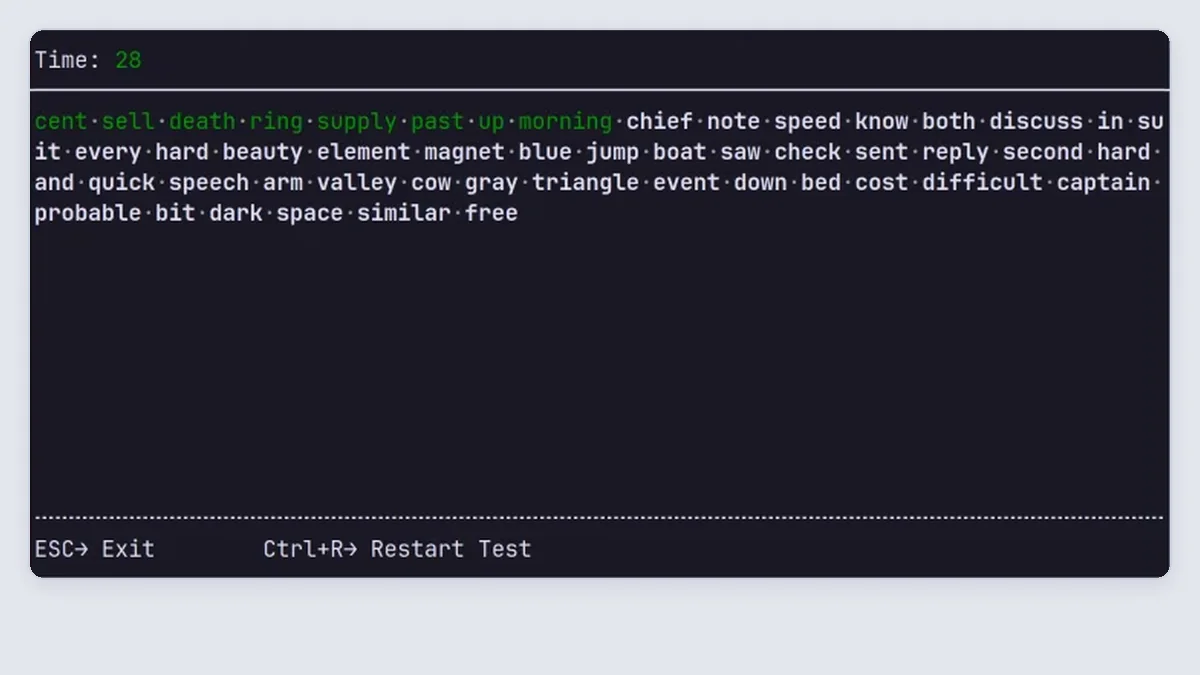 termiType in a dark terminal: a timer and a stream of words, typed ones in green.