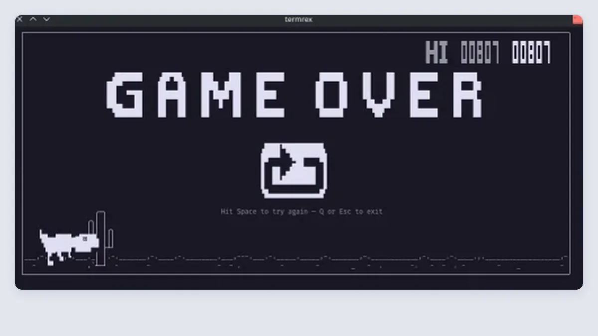 termrex game-over screen with a restart icon and high score.