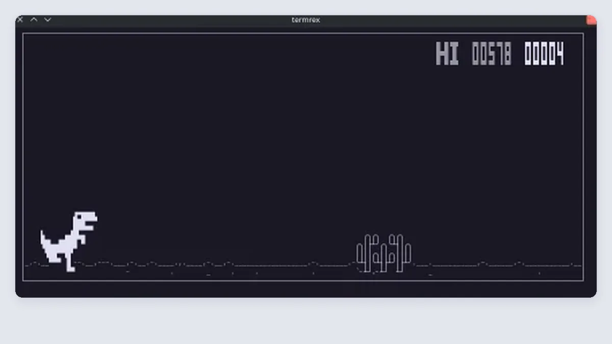 termrex mid-game: a pixel dinosaur running toward cacti, with the score at the top right.