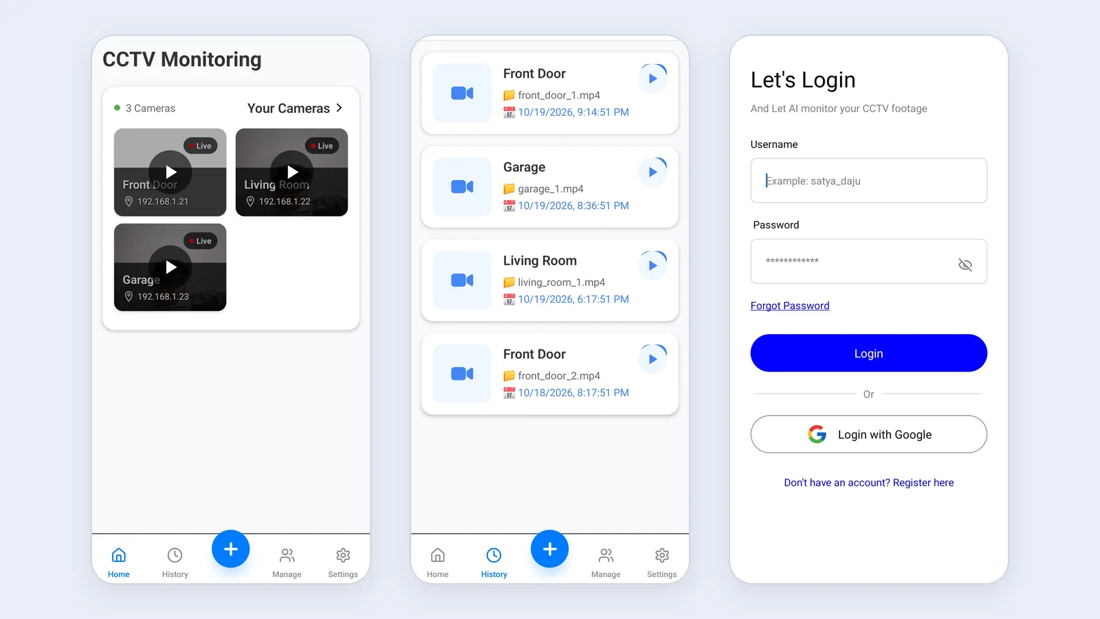 TriNetra's mobile app: live camera tiles for Front Door, Living Room and Garage; a history of recorded clips; and the login screen.